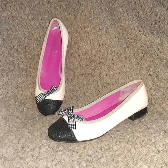 FERCA 81-ITALY-Nude Leather-Black Glitter Toe/Heel-Gingham Bow-Sz 37-Excellent - Picture 1 of 7